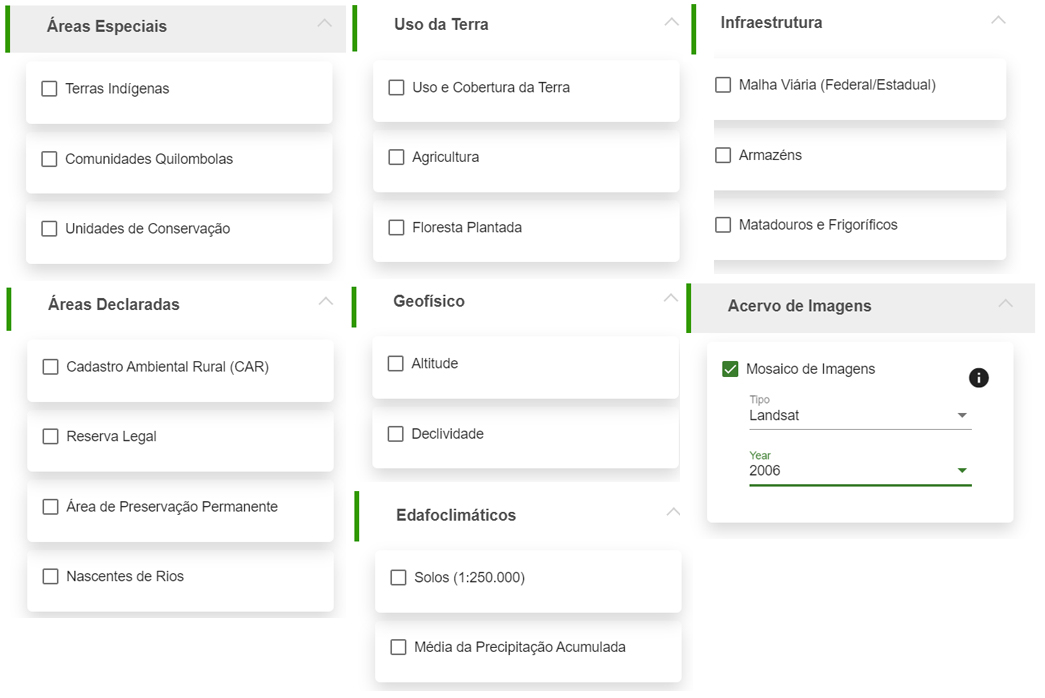 Camadas de dados que podem ser ativadas e visualizadas no mapa.