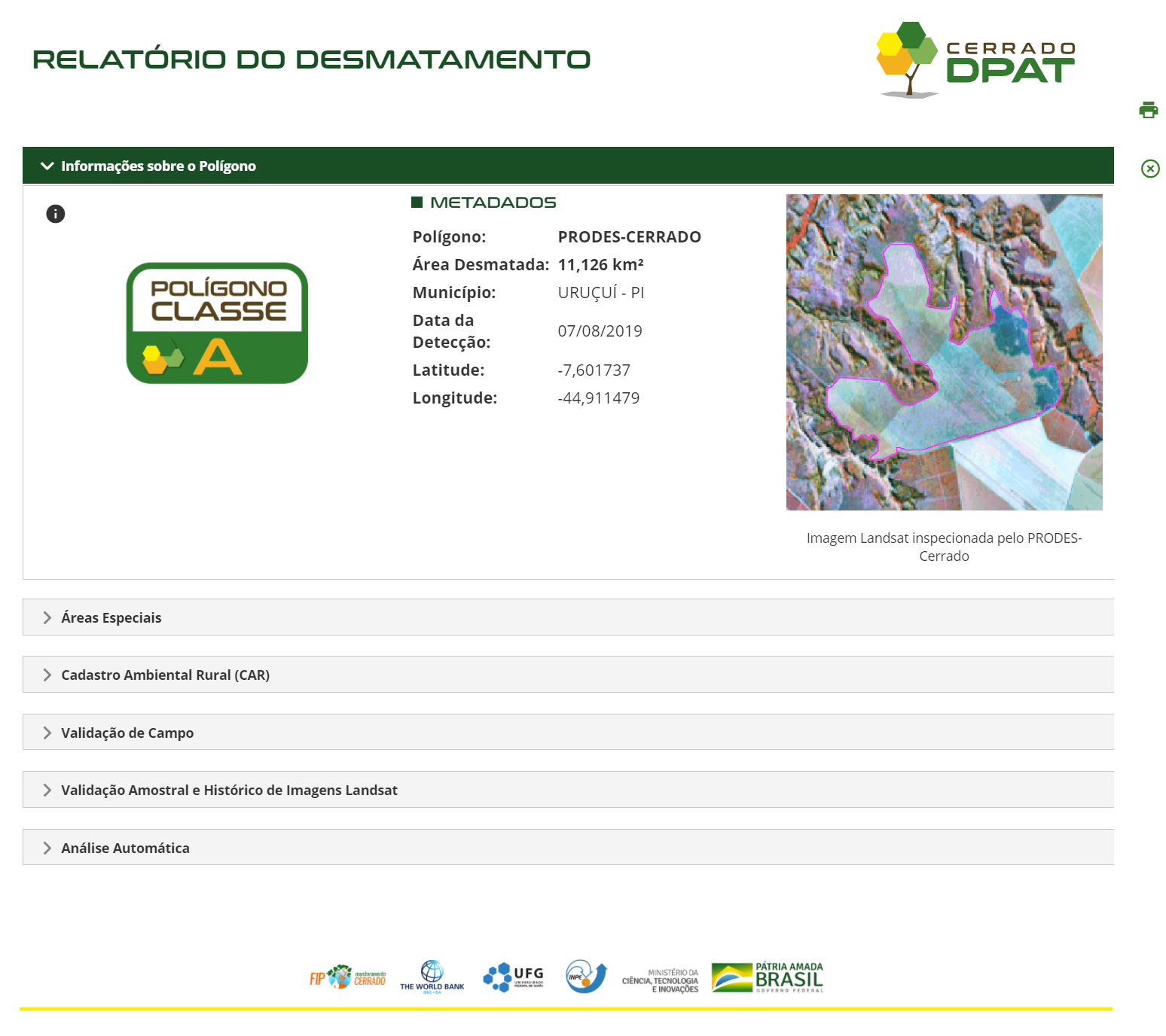 Interface do relatório do desmatamento