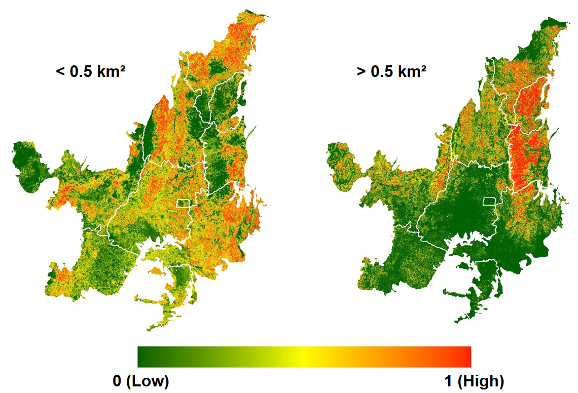 Superfícies de Susceptibilidade a Desmatamentos superiores e inferiores a 0,5 km² para o bioma Cerrado.