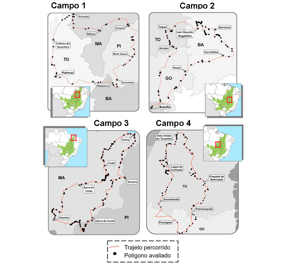 Roteiro dos campos realizados no âmbito do projeto FIP Monitoramento