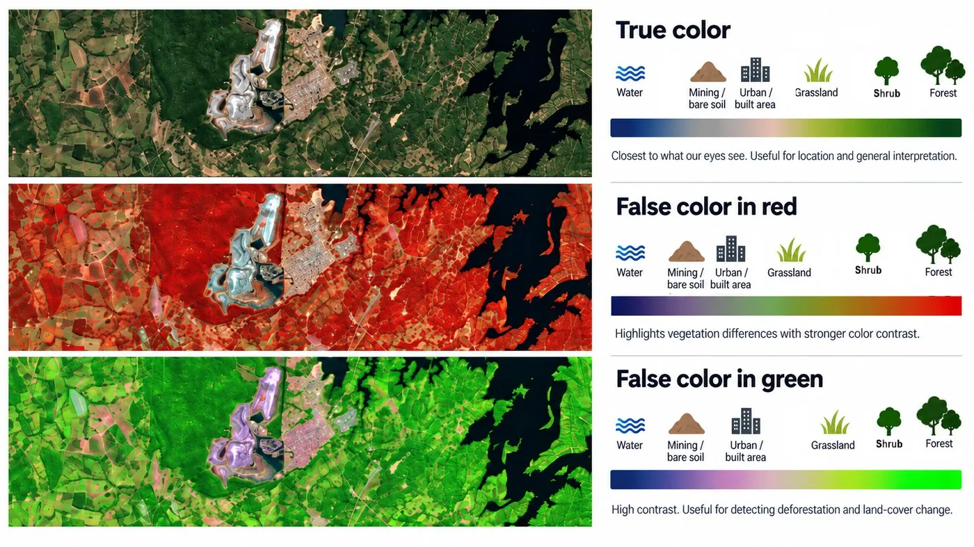 Three rows comparing the same landscape in true color, false color in red and false color in green