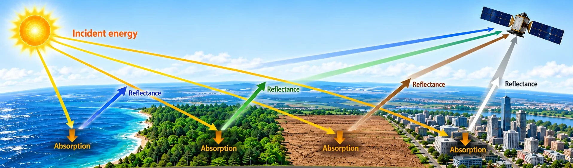 Illustration of sunlight traveling to Earth and reflecting toward a satellite