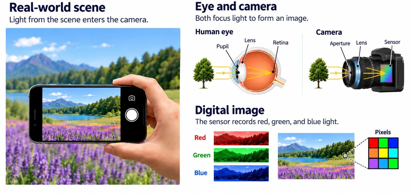 Diagram comparing a real-world scene, the human eye and a camera, and the resulting digital image