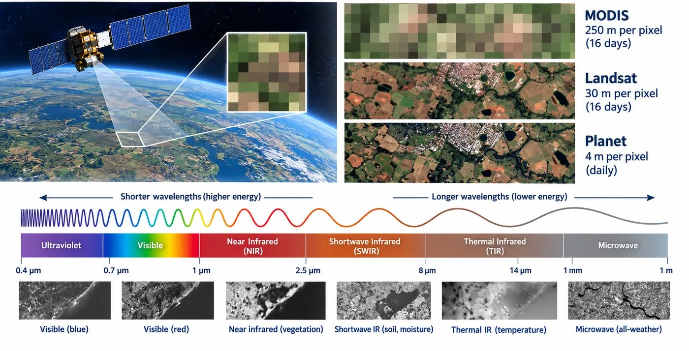 Diagram of a satellite over Earth comparing MODIS, Landsat and Planet pixel resolutions across the electromagnetic spectrum