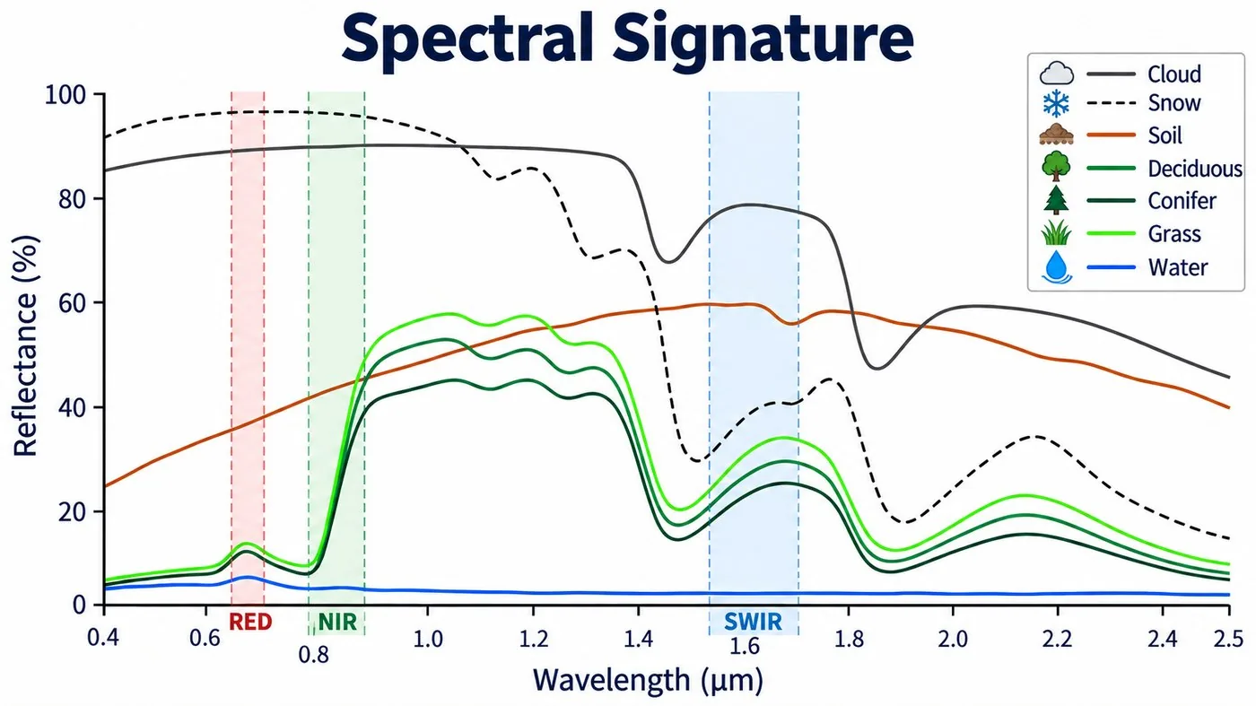 Chart of reflectance curves for cloud, soil, deciduous and conifer vegetation, and grass across wavelengths