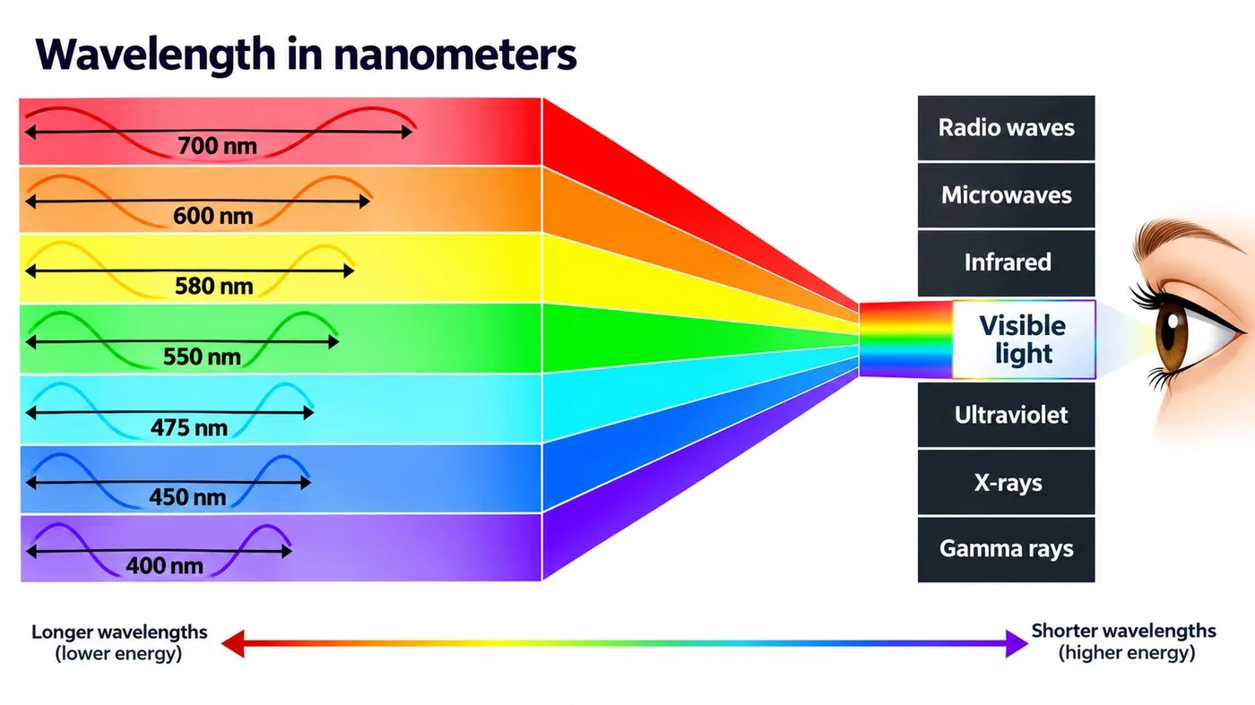 Chart of the electromagnetic spectrum by wavelength, from ultraviolet through visible light to microwave