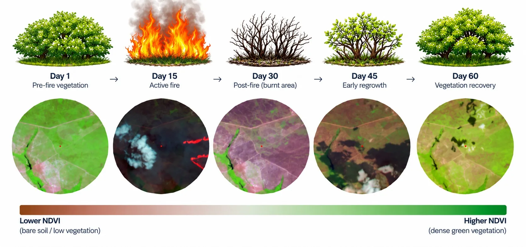 Illustrated timeline from pre-fire vegetation through active fire, post-fire and regrowth to recovery at day 1, 15, 30, 45 and 60, with matching circular satellite crops and an NDVI legend below