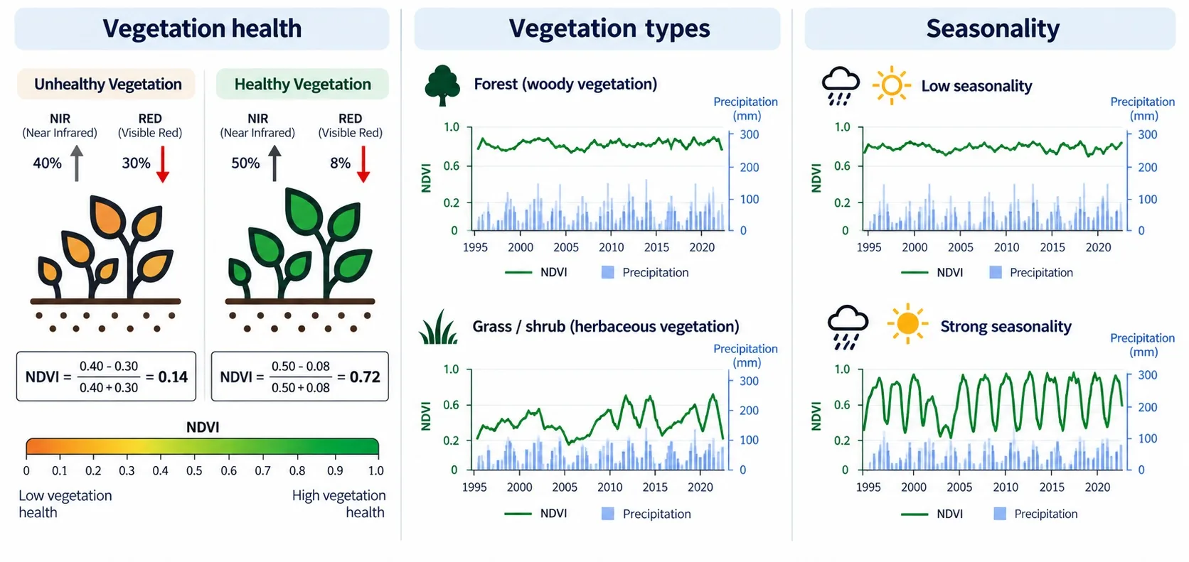 Three panels: Vegetation health (NDVI formula for unhealthy vs. healthy vegetation), Vegetation types (NDVI time series for forest vs. grass/shrub), and Seasonality (NDVI time series for low vs. strong seasonality)