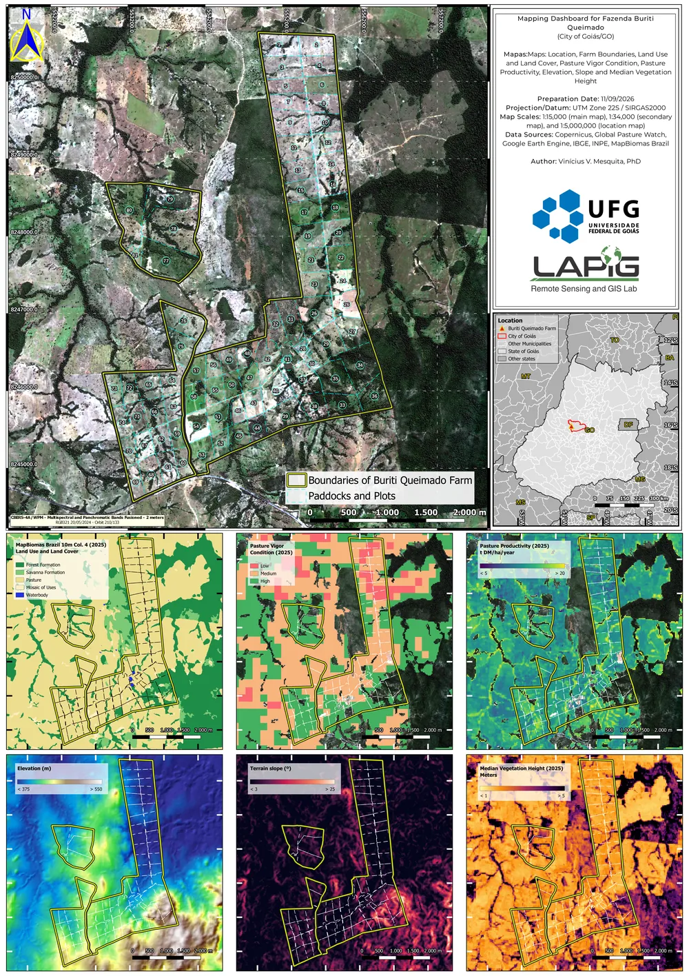 Map sheet of Fazenda Buriti Queimado. A satellite image of the farm with its boundary in yellow and numbered paddocks in cyan, a locator map of Goiás state, and six smaller maps of the same area: land use and land cover, pasture vigour, pasture productivity, elevation, terrain slope and median vegetation height.